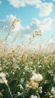 A field of white flowers with blue sky and clouds photo