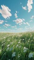 A field of grass with white clouds in the sky photo