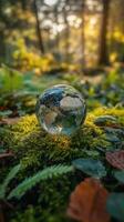 A glass globe in the forest with the sun shining through the leaves photo