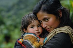 A woman holding a child in a forest photo