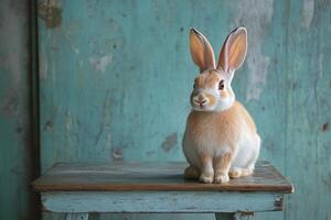 A rabbit sitting on top of a wooden chair photo