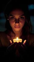 A woman holding a lit candle in her hands photo