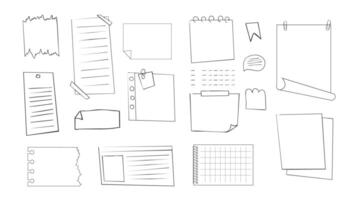 Memo sticky note reminder sheet paper. Doodle paper frame, check list with pin, tape, paperclip elements. Set cute notes, office or school messages. vector