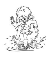 Coloring page with child girl in rubber boots jumping, splashing and stomping joyfully in puddle after the rain in spring, summer or autumn. Happy childhood concept. Hand drawn outline illustration vector