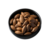 Almonds nuts in a black bowl isolated on transparent background png