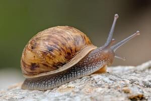 A garden snail crawls slowly over a textured rock, displaying its coiled shell under soft natural light. Its tentacles extend, sensing the environment around it photo