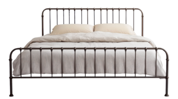 A bed frame with a metal frame and white sheets png