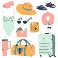 Travel collection featuring essential items for a trip. Tourists objects bundle, suitcases, bags, bikini, money,hat. vector