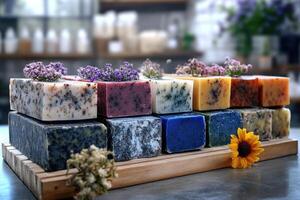 Various handcrafted soaps layered with vibrant colors and floral toppings are displayed on a wooden tray in a cozy soap shop featuring a natural ambiance photo