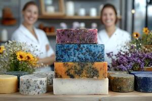 Artisans proudly present a stack of colorful handmade soaps in their well-lit workshop. The backdrop features lovely floral arrangements, enhancing the inviting atmosphere photo