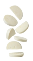 Melting cheese pieces falling down . Soft and hard cheese varieties flying in the air, ideal for culinary visuals png