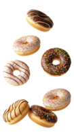donuts falling down . Chocolate donut with sprinkles on top flying isolated. Strawberry jam donut falling . Circular donut dessert for food content isolated png