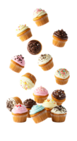 Different colored muffins flying isolated Vibrant of assorted muffins soaring through the air ideal for creative food campaigns baking tutorials or whimsical designs isolated png