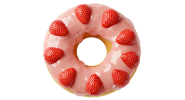 strawberry donut top view transparent background pink doughnut flat lay isolated donut with pink frosting sprinkles food trends bakery visuals graphic elements social media posts png