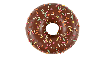 chocolate donut top view . chocolate doughnut flat lay isolated. chocolate donut dessert with sprinkles on top isolated for tasty food and desserts campaigns png