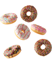delicious donuts dropping transparent background food photography dessert trend bakery supplies cooking inspiration recipe blog design element graphic asset digital resource visual effect png