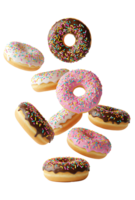 falling donuts transparent background food graphics bakery visuals dessert animation graphic design elements clipart collection social media post content creation marketing material advertising png