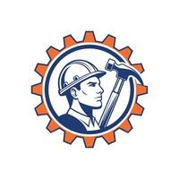 A man in a hard hat holding a hammer vector