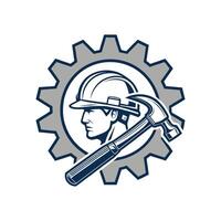 A man in a hard hat holding a hammer vector