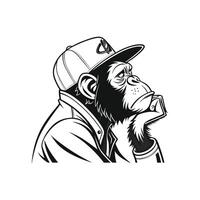 A black and white drawing of a monkey wearing a cap vector
