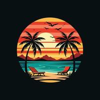 A sunset with two chairs and palm trees on a beach vector