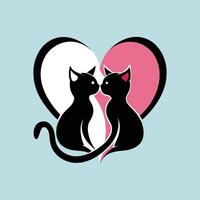 Two black cats are sitting in front of a heart vector