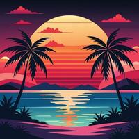 Tropical sunset background with palm trees and the ocean vector
