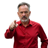 A man in a red shirt pointing at something png