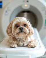 Veterinarian assists a small dog on a table inside a veterinary clinic, preparing it for an MRI procedure. Focus on animal health and diagnostic imaging for pet well-being photo