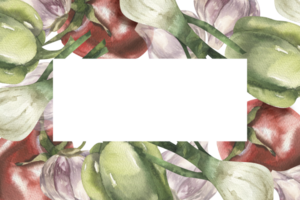 Fresh vegan food watercolor frame with green pepper,tomato, garlic and shallot onion illustrations. Hand drawn vegetables banner with copy space for vegan menu, restaurant design. png