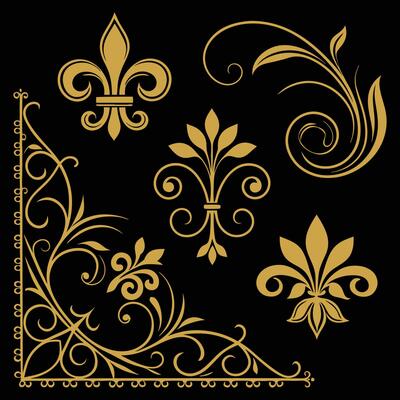 golden fleur de lis design elements on black background