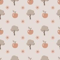 Seamless pattern with apples and trees on a beige background. Pastel colors vector