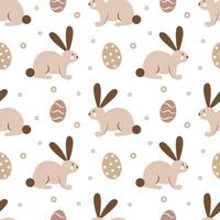 Seamless pattern with brown bunnies and easter eggs on a white background vector