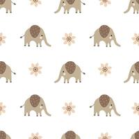 Seamless Scandinavian pattern with beige elephants and flowers on a white background vector