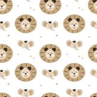 Seamless pattern with elephants and lions on a white background. Beige color vector