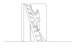 Man climbing wall with ladder continuous line art drawing. vector