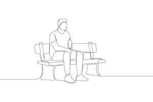 Man sitting on wooden bench continuous line drawing. vector
