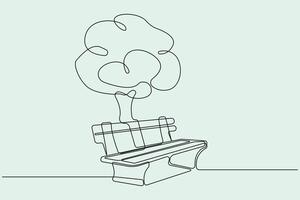 Wooden bench with a tree continuous line drawing. Park with tree and bench theme background. vector