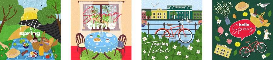 Drawing springtime scene art square banner set with colorful plants, picnic setting and bright spring atmosphere in city. Great for floral themed cards, creative advertising and seasonal invitations. vector