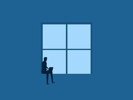 Quiet concentration, focus on work, businessman working on laptop at the window vector