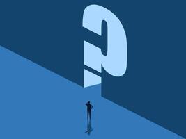 Facing new problems and obstacles, man with a question mark door vector
