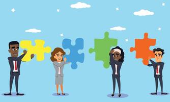 Business colleagues working as a team on a jigsaw puzzle, business professionals collaborating to complete a task concept vector