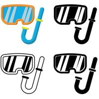 Set of diving snorkel and goggles in black and white, knockout and colour cartoon versions, swimming accessory diving mask icons isolated on a white background vector