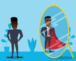 Businessman looking in the mirror with a superhero with a cape reflection, self esteem, ambition or confidence concept, executive having aspiration or determination to succeed in career vector
