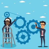 Business colleagues working as a team on a cogwheel, business professionals collaborating to complete a task concept vector