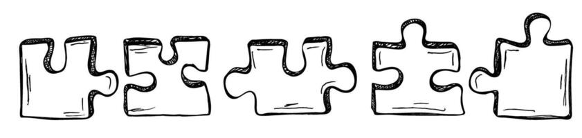 Pieces of puzzle. Puzzle grid with 5 pieces in a row. Collection of hand drawn elements vector