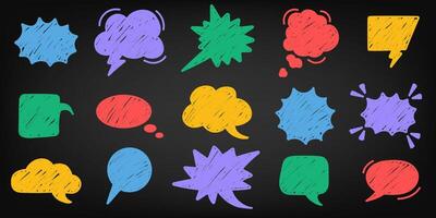 Colorful charcoal pen line speech bubbles on black background. Various talk and dialog balloon shapes. Chalk graphic elements vector