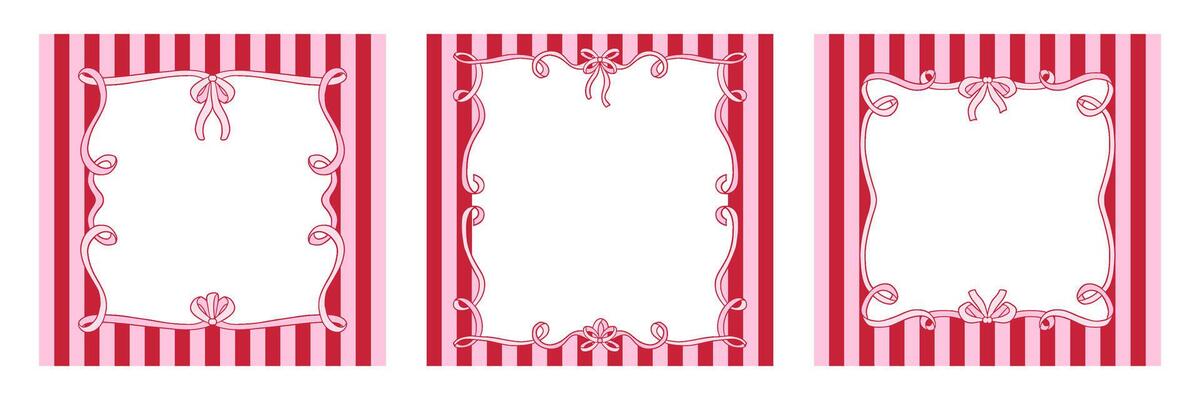 Vintage ribbon striped frames collection. Set cute French cards for invitation or holiday, valentine s day. Coquette frames made of various ribbons with bows with space for text. illustration.