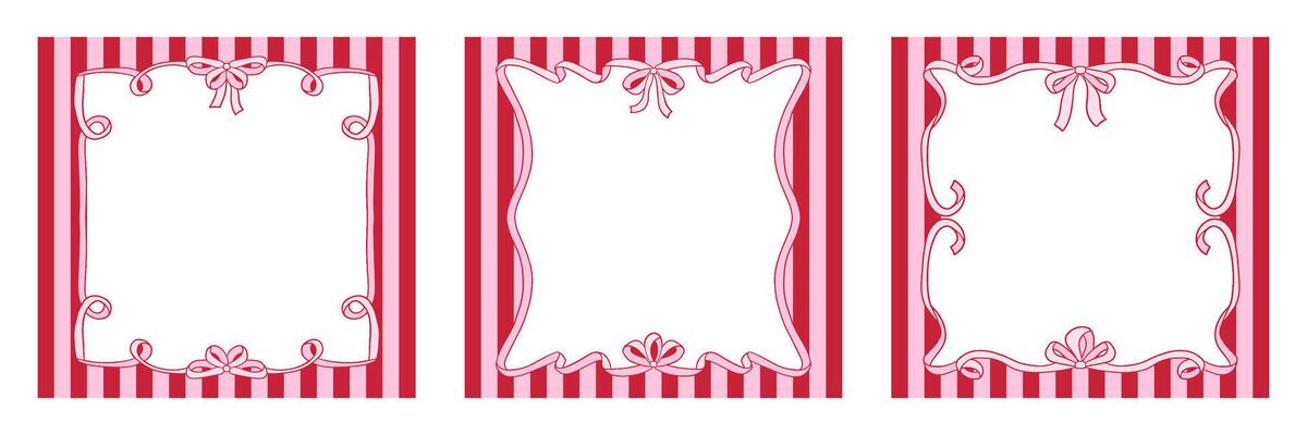 Set of vintage striped frames templates with wavy bows. illustration of ribbon borders on striped square background. Holiday clipart in retro coquette aesthetic