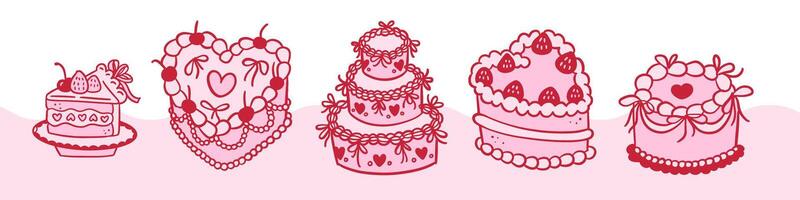 Set of Retro Cake heart shaped Groovy Coquette Design with Ribbon bow. Pink and red contour flat illustration. vector